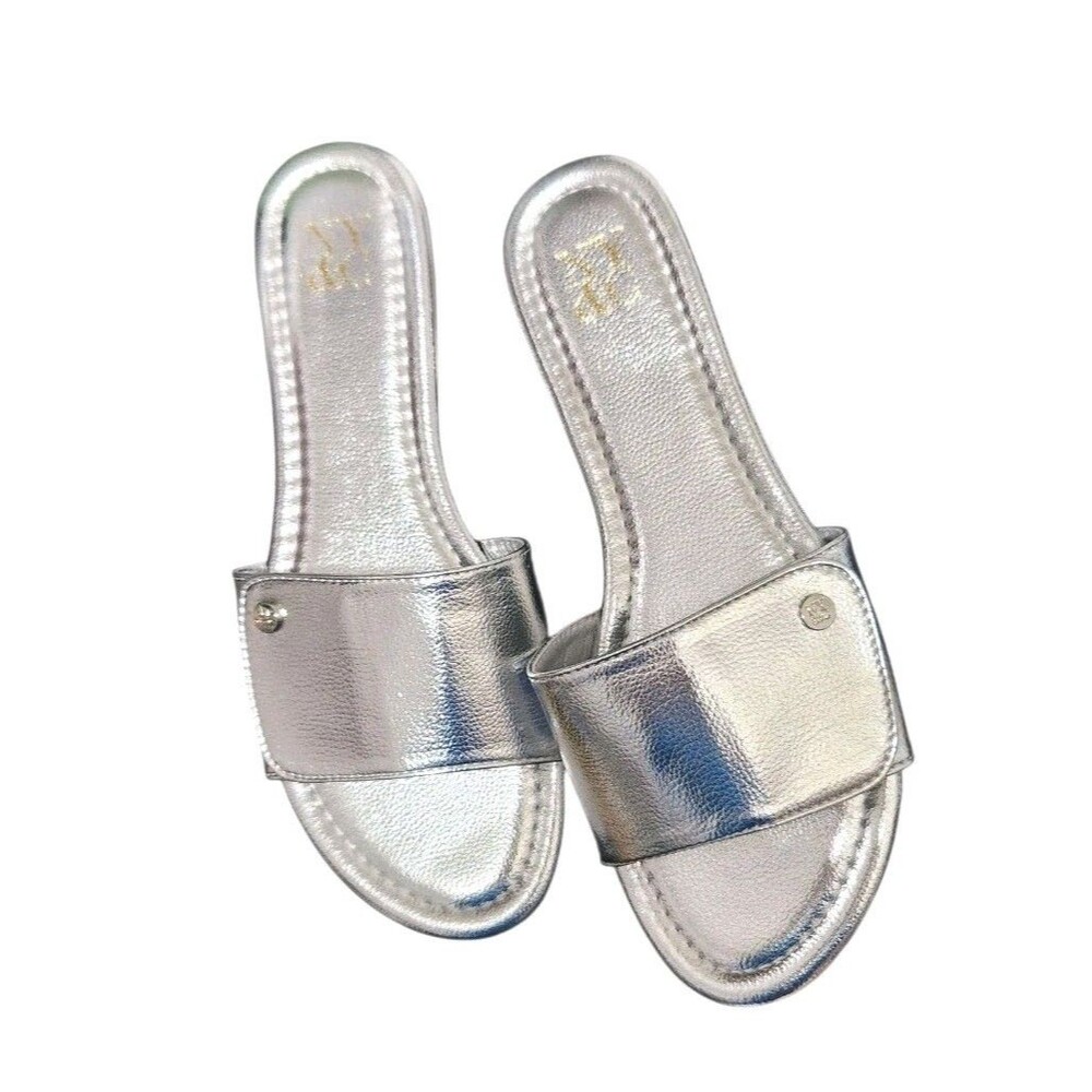 Women Size 7.5 M Adelle Flat Slide Sandal Metallic Silver Adjustable Strap